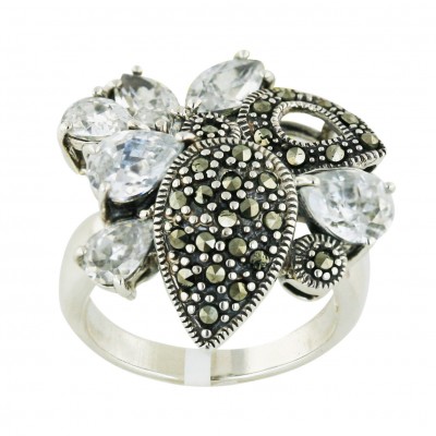 Marcasite Ring Clear Cubic Zirconia Tear Drop with Pave Marcasite Oxidized Rope T-Dro