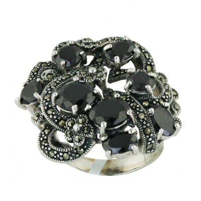 Marcasite Ring 8Pcs Mix Shape Black Cubic Zirconia Flower Motif