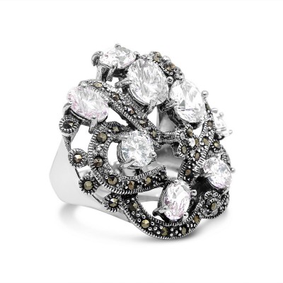 Marcasite Ring 8Pcs Mix Shape Clear Cubic Zirconia Flower Motif