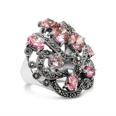 Marcasite Ring 8Pcs Mix Shape Pink Cubic Zirconia Flower Motif