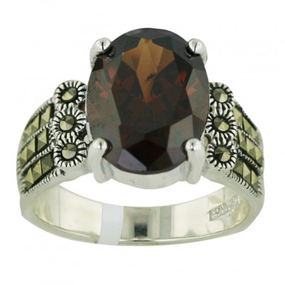 Marcasite Ring 12mm Brown Cubic Zirconia Oval Square Cut Sides with 4 Prong - 8