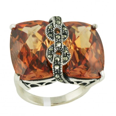 Marcasite Ring 18X12mm Champagne Cubic Zirconia Chess Cut Rectangular with Open Marcasite Do