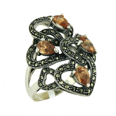 Marcasite Ring 4 Pcs 6X4mm Champagne Cubic Zirconia Tear Drop with 5 Open Pave Marcasite