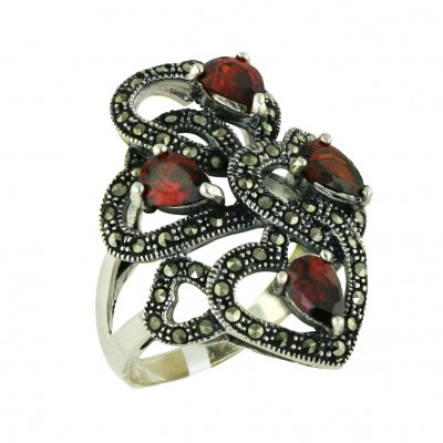Marcasite Ring 4 Pcs 6X4mm Garnet Cubic Zirconia Tear Drop with 5 Open Pave Marcasite - 7