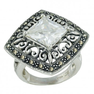 Marcasite Ring 30X30mm Clear Cubic Zirconia Rhombus with Plain Swirl+Oxidiz