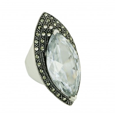 Marcasite Ring 30X15mm Clear Cubic Zirconia Marquis with 3 Layer Pave Marcasite Li