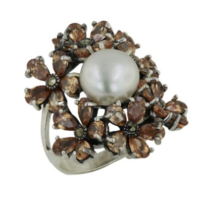 Marcasite Ring 10mm White Fresh Water Pearl with 6 Pcs Champagne Cubic Zirconia Flower Cluster