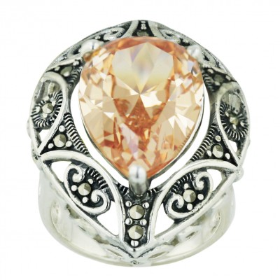 Marcasite Ring 31X24mm Champagne Cubic Zirconia Tear Drop with Swirl Around
