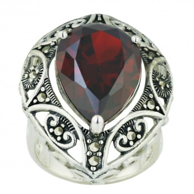 Marcasite Ring 31X24mm Garnet Cubic Zirconia Tear Drop with Swirl Around