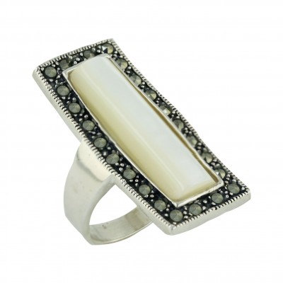 Marcasite Ring 34X15mm White Mother of Pearl Square with Pave Marcasite Around