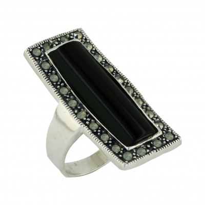 Marcasite Ring 34X15mm Onyx Square with Pave Marcasite Around