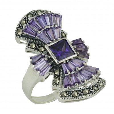 Marcasite Ring 7X7mm Amethyst Cubic Zirconia Square Princess Cut with Baguette Ar