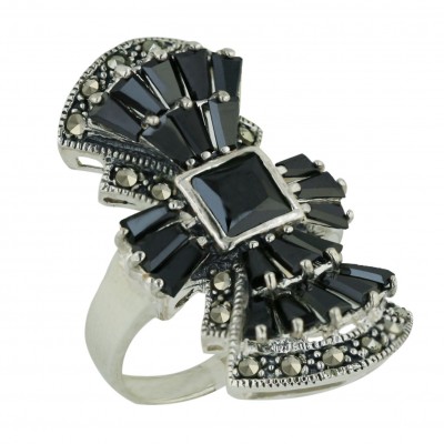 Marcasite Ring 7X7mm Black Cubic Zirconia Square Princess Cut with Baguette Ar