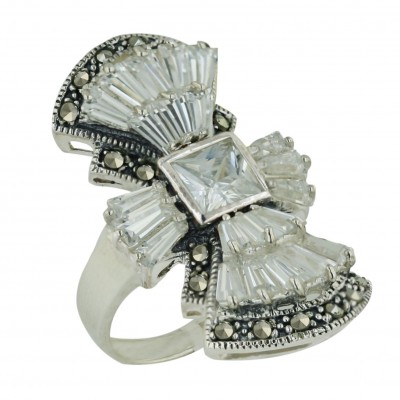 Marcasite Ring 7X7mm Clear Cubic Zirconia Square Princess Cut with Baguette Ar