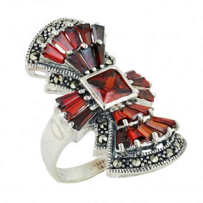 Marcasite Ring 7X7mm Garnet Cubic Zirconia Square Princess Cut with Baguette Ar