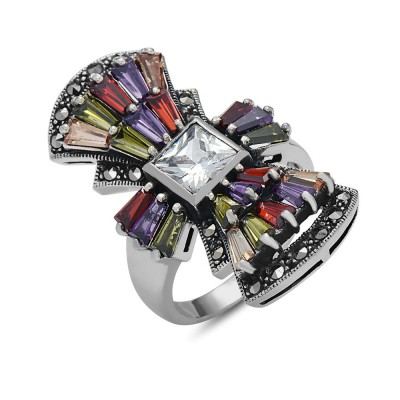 MARCASITE RING MULTICOLOR PRINCESS CUT & BAGUETTE CUBIC ZIRCONIA
