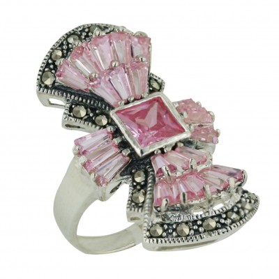 Marcasite Ring 7X7mm Pink Cubic Zirconia Square Princess Cut with Baguette Ar