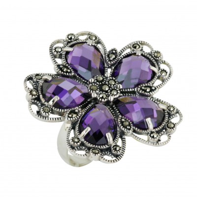 Marcasite Ring 5 Amethyst Cubic Zirconia Chess Cut Flower Petals