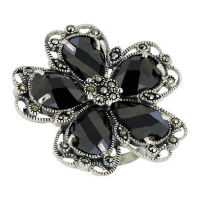 Marcasite Ring 5 Black Cubic Zirconia Chess Cut Flower Petals