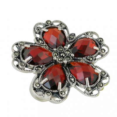 Marcasite Ring 5 Garnet Cubic Zirconia Chess Cut Flower Petals