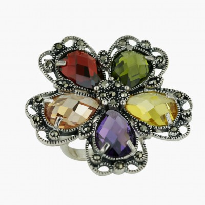Marcasite Ring 5 Amethyst+Garnet +Olivine+Champagne+Citrine Cubic Zirconia Chess Cut Flower Petals