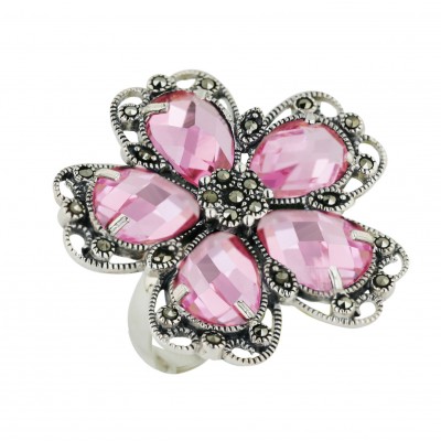 Marcasite Ring 5 Pink Cubic Zirconia Chess Cut Flower Petals