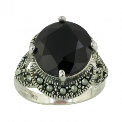 Marcasite Ring 13mm Black Cubic Zirconia Round with Pave Marcasite Leaves Around