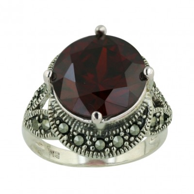 Marcasite Ring 13mm Garnet Cubic Zirconia Round with Pave Marcasite Leaves Around