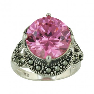 Marcasite Ring 13X13mm Pink Cubic Zirconia Round with Pave Marcasite Leaves