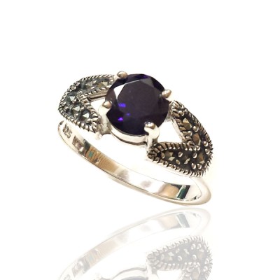 Marcasite Ring 7mm Amethyst Cubic Zirconia Square Double Lines