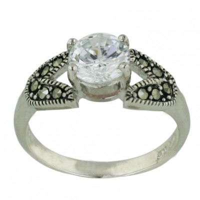 Marcasite Ring 7mm Clear Cubic Zirconia Square Double Lines