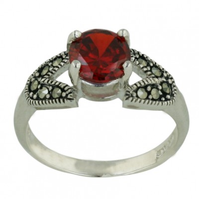 Marcasite Ring 7mm Garnet Cubic Zirconia Square Double Lines