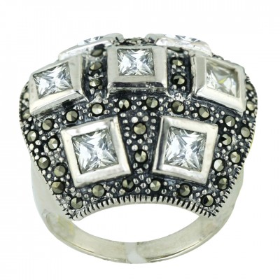Marcasite Ring 7 Clear Cubic Zirconia Square Bezel Set