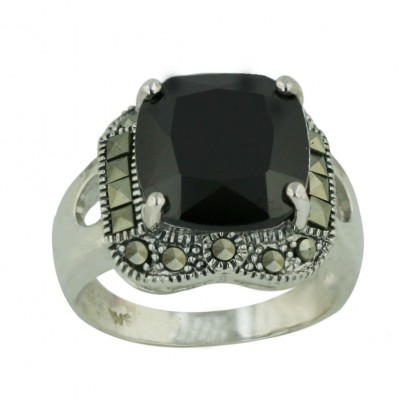 Marcasite Ring 15X15mm Black Cubic Zirconia Cushion Square Cut with 4 Prongs