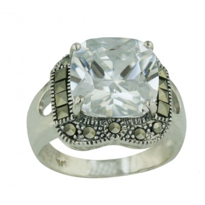 Marcasite Ring 15X15mm Clear Cubic Zirconia Cushion Square Cut with 4 Prongs