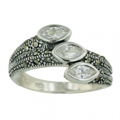Marcasite Ring 3 Clear Cubic Zirconia Marquis Bezel Set with Pave Marcasite Around