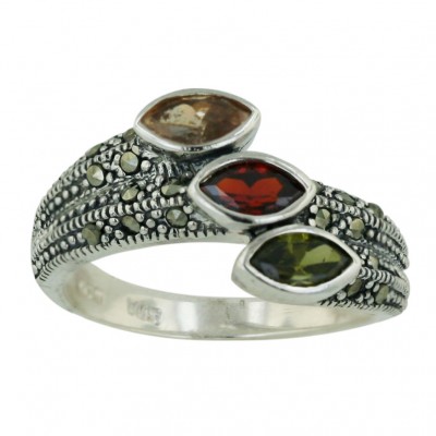 Marcasite Ring 3 Garnet +Champagne+Olivine Cubic Zirconia Marquis Bezel Set with Pave Marcasite
