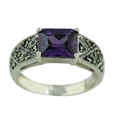 Marcasite Ring 9X7mm Amethyst Cubic Zirconia Rectangular Princess Cut with Pave Marcasite S