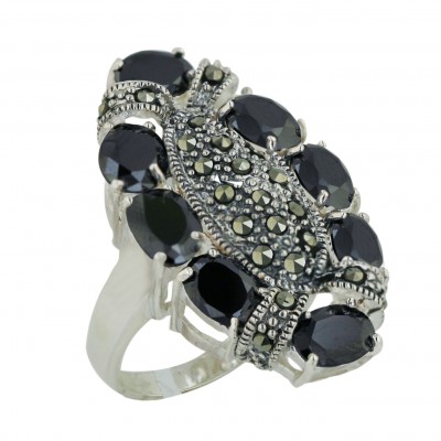 Marcasite Ring 8 Pcs 7X5mm Black Cubic Zirconia Oval with 33X20mm Pave Marcasite M