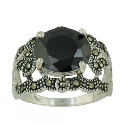 Marcasite Ring 13mm Black Cubic Zirconia Round with Pave Marcasite Around