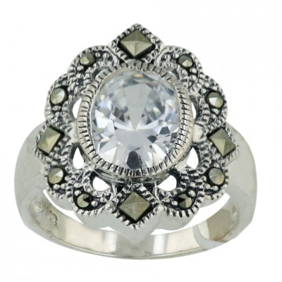Marcasite Ring 11X11mm Clear Cubic Zirconia Oval with Marcasite Square Cut Around