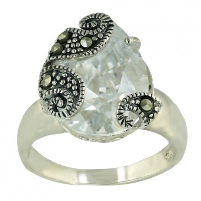 Marcasite Ring 17X15mm Clear Cubic Zirconia Tear Drop with Pave Marcasite Swirl