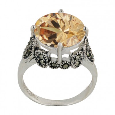 Marcasite Ring 13mm Champagne Cubic Zirconia Round with 4 Prongs
