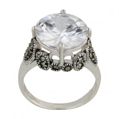 Marcasite Ring 13mm Clear Cubic Zirconia Round with 4 Prongs