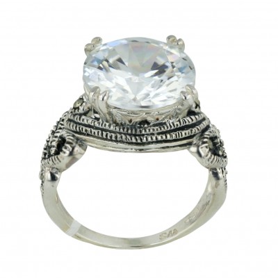 Marcasite Ring 13mm Clear Cubic Zirconia Round with Pave Marcasite Heart Sides