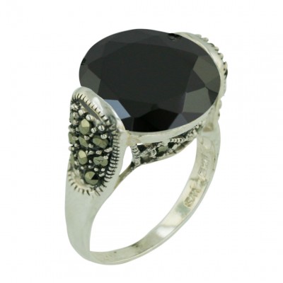Marcasite Ring 15X15mm Black Cubic Zirconia Round with Pave Marcasite Side Bars