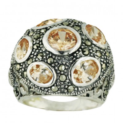 Marcasite Ring 3 Pcs Oval+Round Champagne Cubic Zirconia with Pave Marcasite Swirl Sid