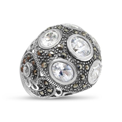 Marcasite Ring 3 Pcs Oval+Round Clear Cubic Zirconia with Pave Marcasite Swirl Sid