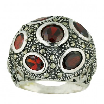 Marcasite Ring 3 Pcs Oval+Round Garnet Cubic Zirconia with Pave Marcasite Swirl Sid
