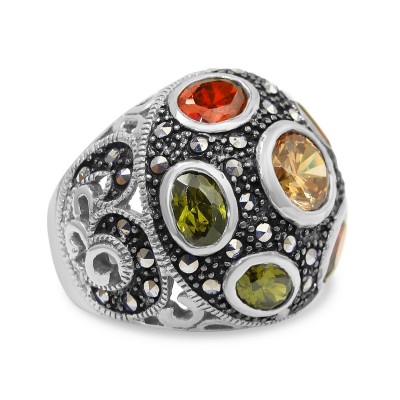 Marcasite Ring 3 Pcs Oval+Round Champagne+Garnet +Olivine Cubic Zirconia with Pave Marcasite Swi